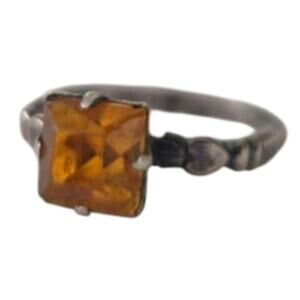 Vintage 1950s Kiddie Gem Sterling Silver Amber Glass Solitaire Ring Size 3